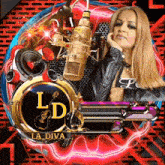 a woman in a leather jacket stands in front of a microphone with the letters ld on it
