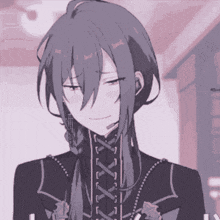 a close up of a anime character with long hair and a black jacket