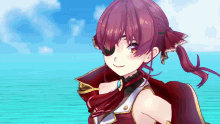 a girl with purple hair and an eye patch is smiling
