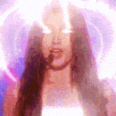 a close up of a woman 's face with a purple background