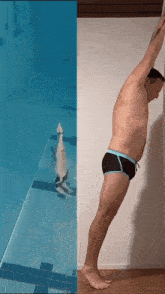 a man in swim trunks is stretching his arms in front of a swimming pool