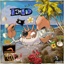 a picture of a crab holding a bottle with the name ed written on it