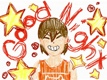a drawing of a boy with stars around him and the word god written on it