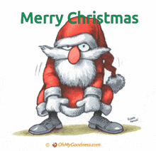 a merry christmas greeting card with a cartoon of santa