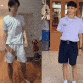 a man in a white shirt and shorts is standing next to a man in a school uniform .