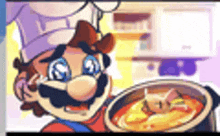 mario is wearing a chef 's hat and holding a pot of soup .