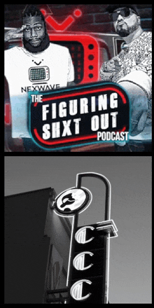 a poster for the figuring shxt out podcast shows two men