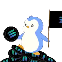 a penguin is holding a coin and a flag with the letter s on it