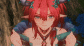 a girl with red hair and horns is wearing a necklace with a cross on it