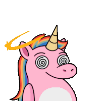 a pink unicorn with a rainbow mane and a yellow horn has a spiral in its eyes