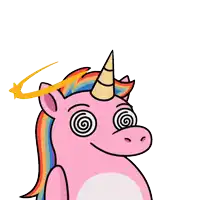 a pink unicorn with a rainbow mane and a yellow horn has a spiral in its eyes
