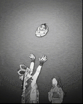 a black and white drawing of a man reaching up to catch something in the air