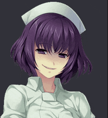 a nurse with purple hair and a white hat smiles