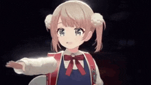 a little girl with pigtails and a red backpack is standing in the dark with her arm outstretched .