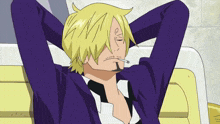 a cartoon character with a cigarette in his mouth and a purple jacket