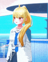 a girl with blonde hair and a blue tie stands in front of a blue wall