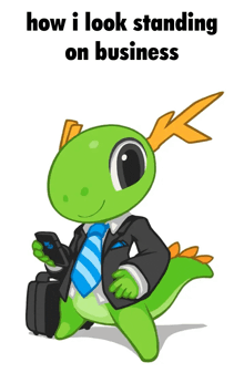 a cartoon of a lizard in a suit and tie holding a cell phone and a briefcase