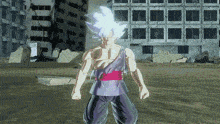 a cartoon character with white hair and a red belt
