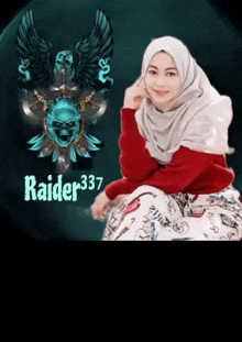 a woman wearing a hijab is sitting in front of a logo for raider 337 .