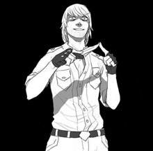 a black and white drawing of a man in a white shirt and black gloves .