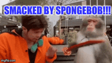 a man in an orange jacket is standing next to a monkey with the words smacked by spongebob written above him