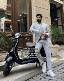 a man in a suit sits on a scooter in front of a store called vintage