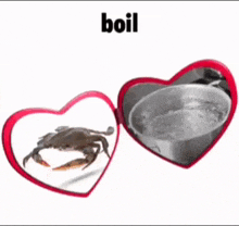 a heart shaped mirror shows a crab and a pot of water
