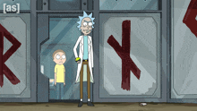 a cartoon of rick and morty standing in front of a sign that says ' as ' on it