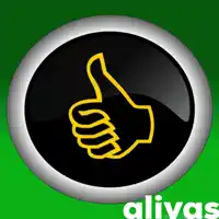 a black button with a yellow hand giving a thumbs up and the word alivas below it
