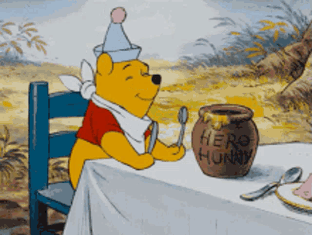 Winnie yawning, stretching Winnie hugging honey pot Winnie the Pooh