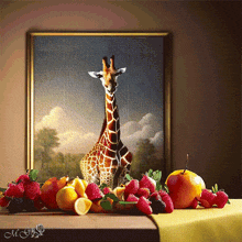 a painting of a giraffe surrounded by fruit including strawberries and apples