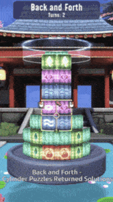 a game called back and forth shows a stack of cylinder puzzles