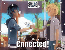 a picture of two cartoon characters shaking hands with the caption connected !