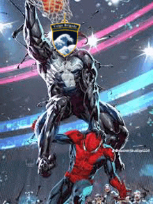a spiderman and venom are playing basketball in a basketball stadium .