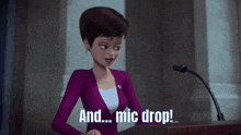 a woman in a purple suit stands at a podium and says " and ... mic drop "