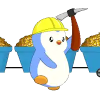 a penguin wearing a hard hat is holding a pickaxe in front of a cart filled with gold