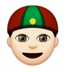 an emoji of a boy wearing a red and green hat with a yellow circle on it