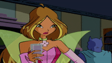 a cartoon character holding a glass with a cross on it