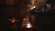 a large fire is going on in a dark area