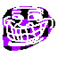 a pixel art of a troll face with a purple and black background
