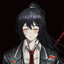 a girl with long black hair is wearing a suit and tie with the number 6 on her chest
