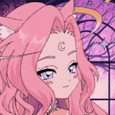 a girl with pink hair and a crescent moon on her head