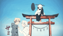 a cartoon drawing of a man and a girl standing next to a red torii gate