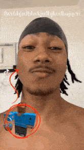 a man without a shirt has a blue roblox character circled around his chest