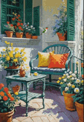 a painting of a porch with flowers and a bird