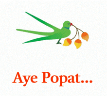 a green parrot is holding a bunch of leaves in its beak with the words aye popat below it
