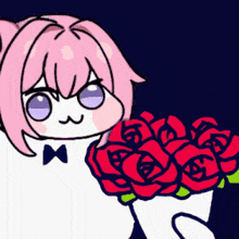 a cartoon girl with pink hair is holding a bouquet of roses