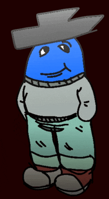 a cartoon character with a blue face and a lightning bolt on his hat