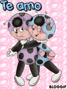 two ladybugs hugging each other on a pink background with the words te amo written above them