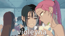 a couple of anime girls are standing next to each other with violetna written on the bottom right